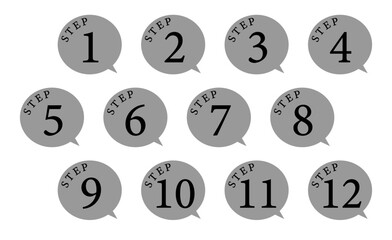 グレーの吹き出し型ステップ番号アイコンセット｜モノトーンでまとめた12段階手順デザイン