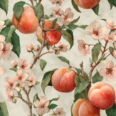 Peach Fruit In Springtime Watercolor Seamless pattern. Floral pattern featuring peaches and blossoms on textured background.