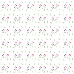 Obraz premium This image features a cheerful seamless pattern of hand-drawn flowers and leaves. The design includes pink, purple with green stems and foliage, scattered across a white backgroun