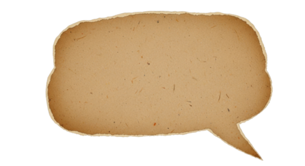 Speech bubble cutout made from brown recycled cardboard, rough torn edge texture, vintage paper style, isolated on transparent background PNG Clean