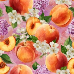 Peach Fruit In Springtime Watercolor Seamless pattern. Vibrant pattern featuring peaches and flowers on a pastel background.