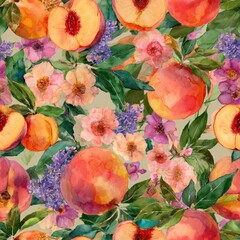 Peach Fruit In Springtime Watercolor Seamless pattern. Colorful watercolor pattern featuring peaches and flowers in vibrant hues.