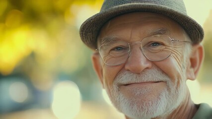 An elderly man wearing a stylish hat stands outdoors, surrounded by a warm, golden light filtering through trees. The man’s relaxed demeanor enhances the peaceful outdoor atmospher - Powered by Adobe