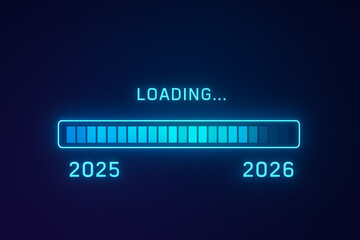 Digital loading bar for the year 2026 showing progress from 2025 in bright blue light against a dark background symbolizing the anticipation for the coming new year