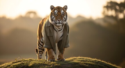 Fototapeta premium A majestic tiger wearing a sweater stands on a hill at sunrise.