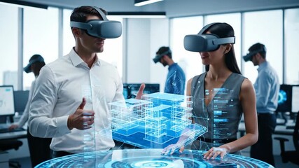 Man and woman wearing virtual reality headset, interacting with holographic display in modern office. Digital metaverse for business footage. - Powered by Adobe