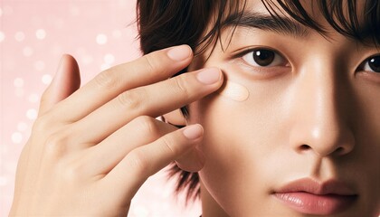 指でコンシーラーを塗る若い男性の目元