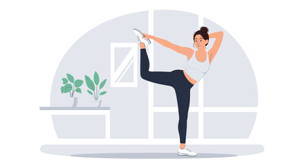 Graceful woman practices yoga dancer pose in bright modern studio promoting wellness and flexibility