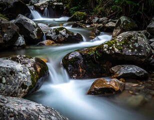 Serene long exposure of a flowing stream over mossy rocks