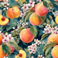 Peach Fruit In Springtime Watercolor Seamless pattern. Vibrant peach pattern with flowers, showcasing nature's beauty in a decorative design.