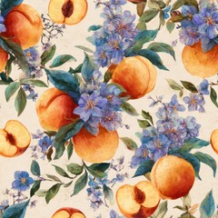 Peach Fruit In Springtime Watercolor Seamless pattern. Vibrant pattern of peaches and blue flowers on a light background.