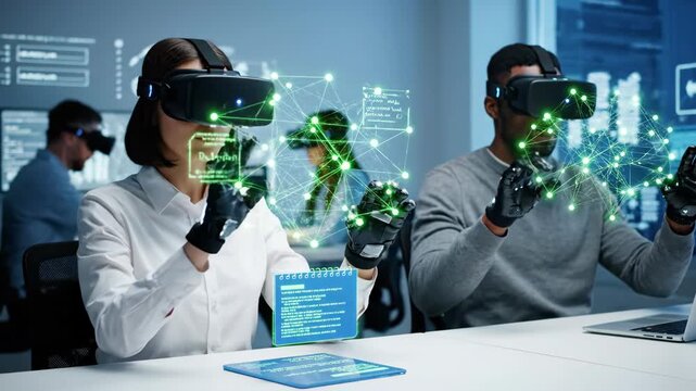 Woman and man wearing virtual reality headset and haptic gloves working with holographic interface in future technology lab footage