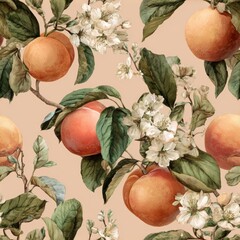 Peach Fruit In Springtime Watercolor Seamless pattern. Vibrant illustration of peach fruits and flowers on a soft background.