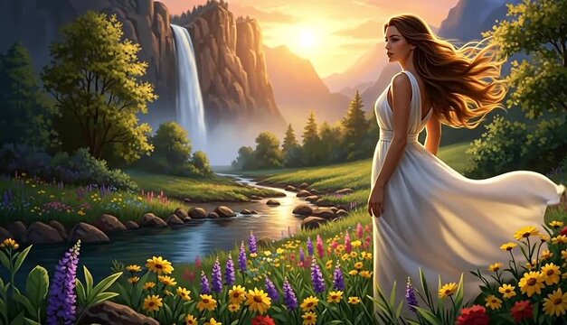Woman in flowing white dress enjoys scenic mountain landscape near waterfall