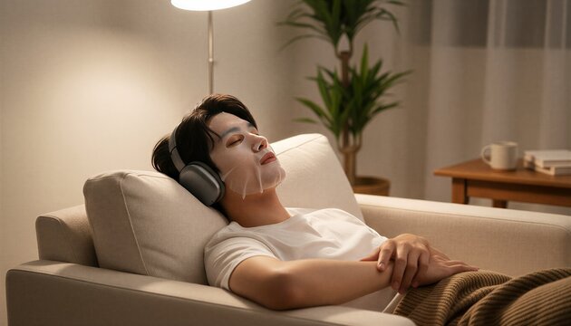 夜にソファでパックとヘッドフォンで寛ぐ男性