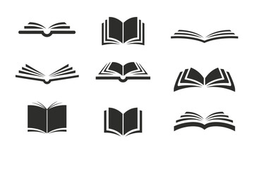 Set of 9 minimalist black and white open book vector illustrations for eps download vector