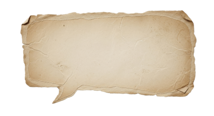 Speech bubble made of old torn beige paper, rough edges, vintage texture, isolated on transparent background, soft natural light, minimalist style PNG Clean