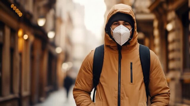 Urban traveler in beige jacket and face mask navigates empty city streets