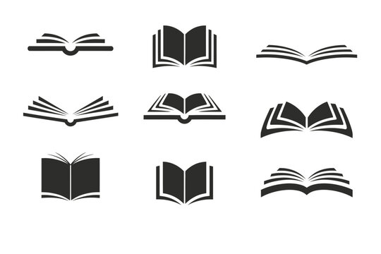 Set of 9 minimalist black and white open book vector illustrations for eps download vector