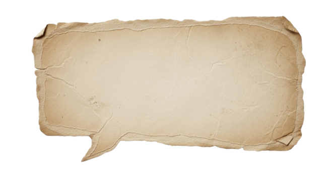 Speech bubble made of old torn beige paper, rough edges, vintage texture, isolated on transparent background, soft natural light, minimalist style PNG Clean