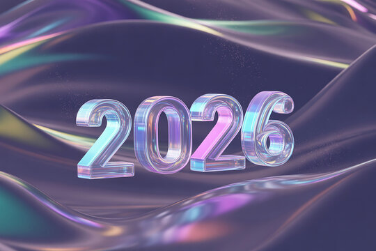 Stunning 2026 New Year celebration glowing numbers, ethereal iridescent waves, and sparkling dust creating a vibrant, futuristic, and elegant abstract background for your next project.