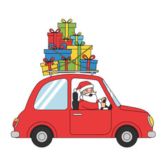 Santa Claus Driving Car Full of Gifts — Modern Flat Vect