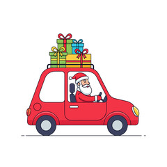 Santa Claus Driving Car Full of Gifts — Modern Flat Vect