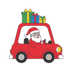 Santa Claus Driving Car Full of Gifts — Modern Flat Vect