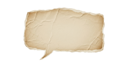 Speech bubble made of old torn beige paper, rough edges, vintage texture, isolated on transparent background, soft natural light, minimalist style PNG Clean