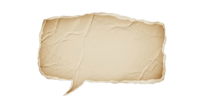 Speech bubble made of old torn beige paper, rough edges, vintage texture, isolated on transparent background, soft natural light, minimalist style PNG Clean - Powered by Adobe