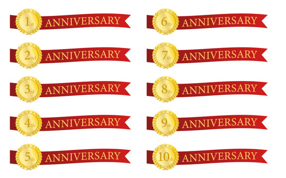 赤いリボンと金色メダルの周年記念バッジセット｜1周年から10周年までのアニバーサリーデザイン素材