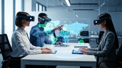 Three businesspeople in an office using virtual reality headsets to interact with a holographic world map for global collaboration footage - Powered by Adobe