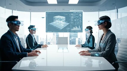 Business people using virtual reality headsets in a sleek modern office conference room for futuristic metaverse meetings footage - Powered by Adobe