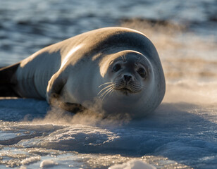 Adorable wild seal resting on ice with visible breath.