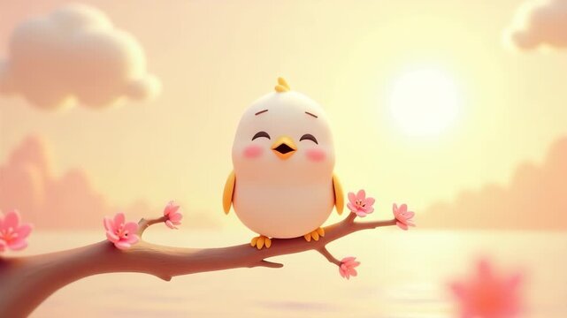Cute bird smiling joyfully perched on branch with pink cherry blossoms, sitting over calm water at golden sunset with fluffy clouds, happy scene, concept of spring easter greetingcard