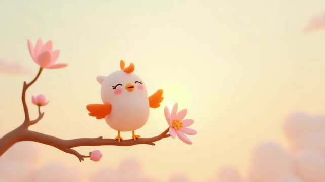 Cute bird smiling joyfully perched on branch with pink cherry blossoms, sitting over calm water at golden sunset with fluffy clouds, happy scene, concept of spring easter greetingcard