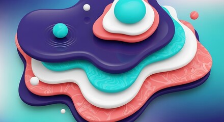 Abstract layered shapes with vibrant colors and spheres.
