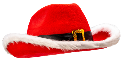 Red cowboy hat with its white furry trim and gold buckle is ideal for a Christmas party on grey background PNG file.