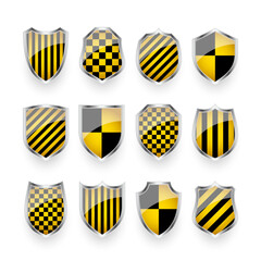 Glossy shields with yellow and black pattern. Security and protection concept. Cyber safety icons, internet privacy, web defense, digital data protection and antivirus themes. Vector illustration