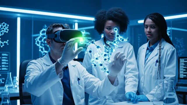 A team of scientists in lab coats uses virtual reality headsets to interact with a dna model and molecular structures footage. - Powered by Adobe