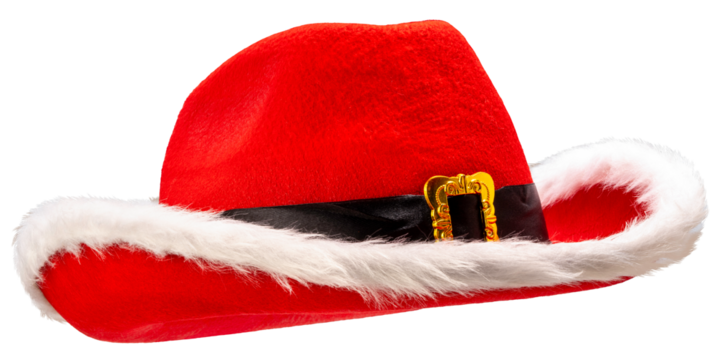 Red cowboy hat with its white furry trim and gold buckle is ideal for a Christmas party on grey background PNG file.