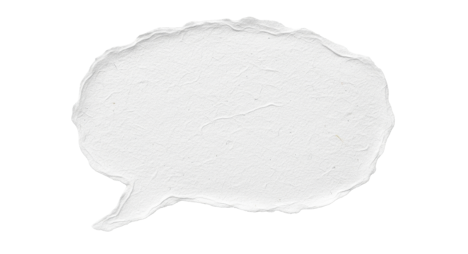 Speech bubble shape made from rough white handmade paper, soft torn edges, minimalist isolated mockup on transparent background PNG Clean