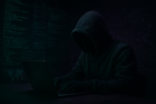 Anonymous person in a dark hoodie working on a laptop in the dark surrounded by digital code representing hacker and cybersecurity risk