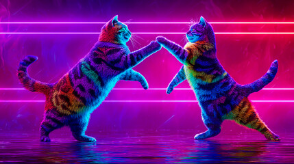 Two cats dancing in the club, vibrant colors
