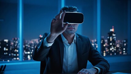 Businessman using virtual reality headset at night, interacting with digital interface in modern office setting, metaverse concept footage. - Powered by Adobe