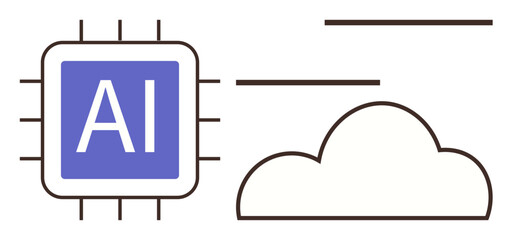 Microchip labeled AI connected to a stylized cloud, illustrating themes of artificial intelligence, cloud computing, digital transformation, data storage, technology integration, futuristic systems