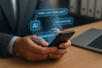 Businessman using a smartphone interacting with a virtual assistant or generative artificial intelligence chatbot for digital assistance and help