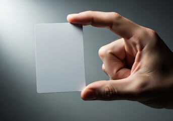 Hand holding a clear blank card with soft light and shadow for branding or contact information