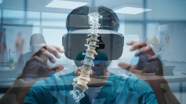 Medical students in vr headset studying human anatomy with virtual brain, spine, heart and hand skeleton in classroom footage