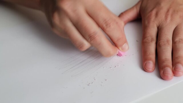 A person is using a pink eraser to remove pencil marks from white paper, focusing on a clean workspace filled with natural light